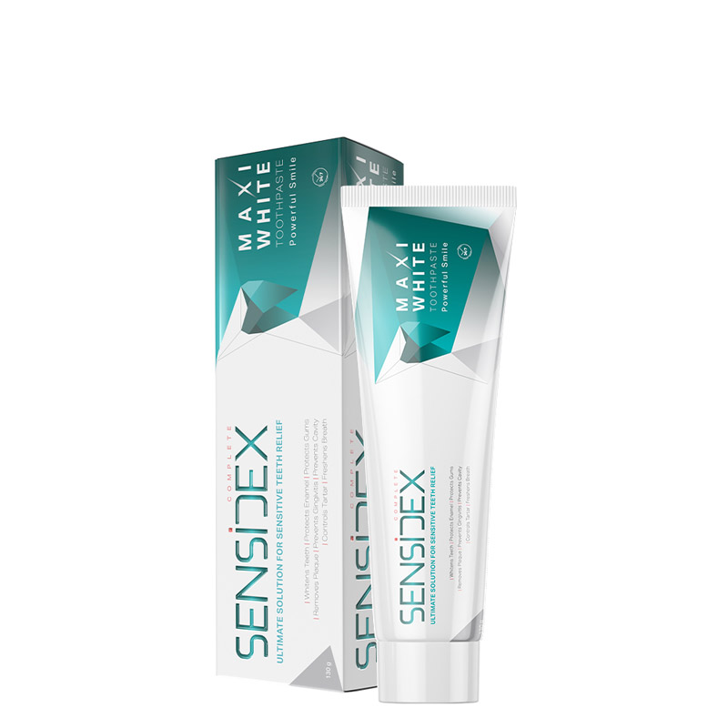 sensidex.com-product-toothpaste-maxi-white-01 خمیردندان کامل، سفید کننده دندان مخصوص دندان های حساس مدل Maxi White سنسیدکس - 130 گرم - تصویر 1